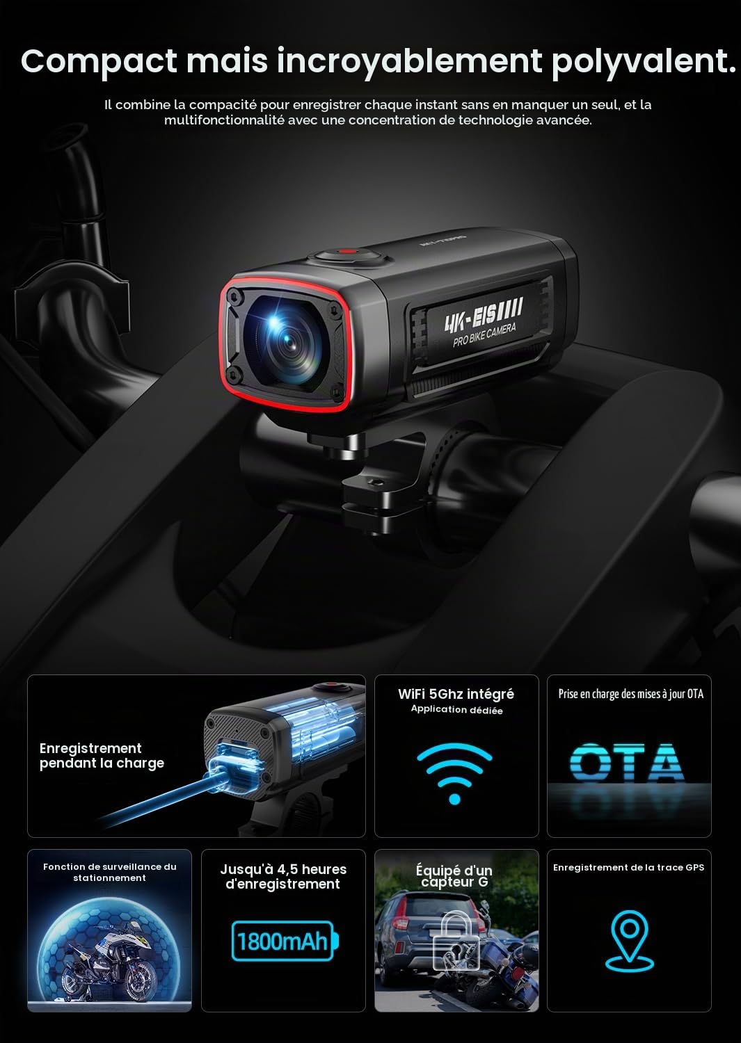 Akeeyo-710pro EIS Motorcycle Camera,4K 28fps 20MP WiFi Motorcycle Dash Cam,IP66 Ultra HD Imperproof Motorcycle Camera,142° Grand Angle Vision Nocturne avec Carte 64 Go,G-Sensor,Mode de Stationnement