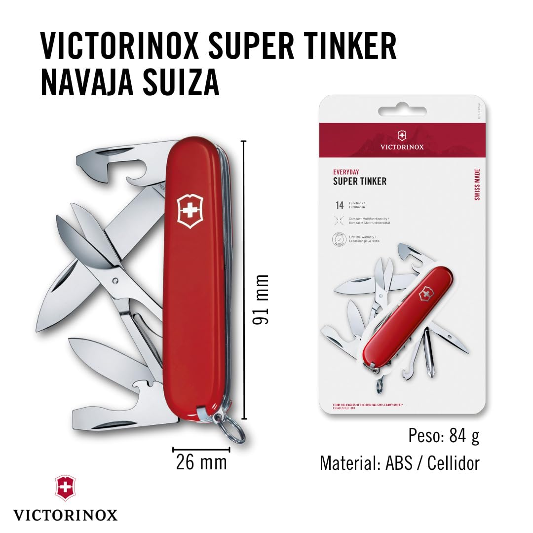 Victorinox Super Tinker, Navaja multiusos suiza con 14 funciones, incluyendo tijeras y destornillador Phillips, Rojo, Caja Plegable