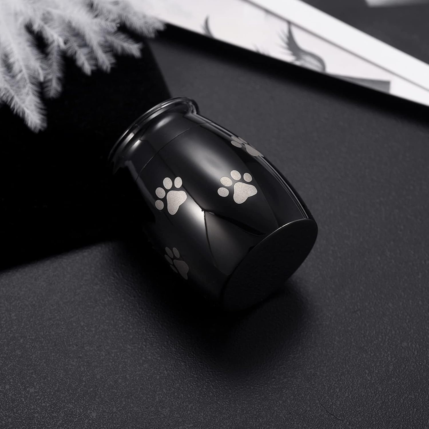 SHEIL 30mmx20mm Pet Mini Urn 316L Stainless Steel Small Keepsake Cremation Urns with Paw Print Engraved Memorial Urn for Pet Ashes