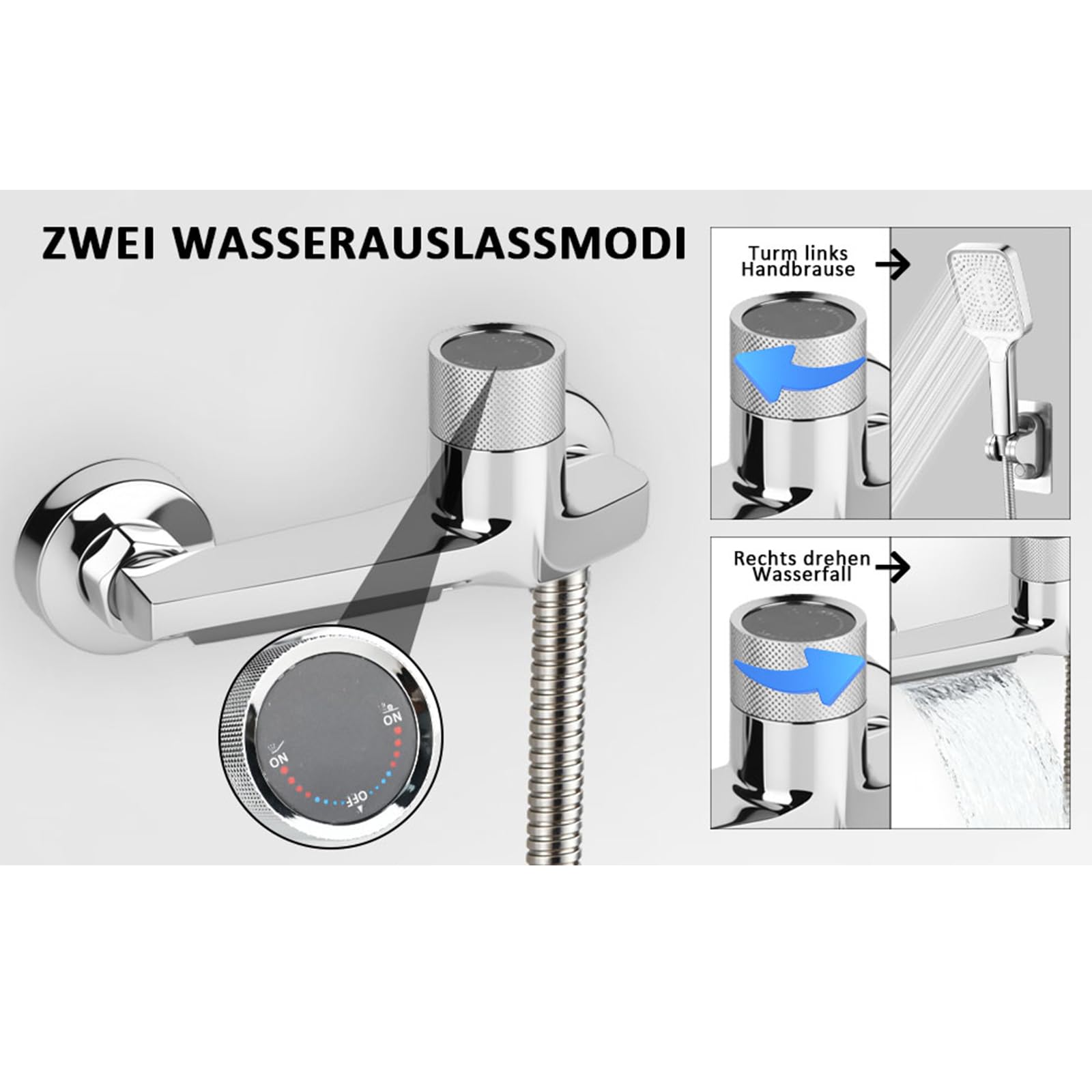 Grifo de bañera cascada con termostato de 2 salidas, grifo de ducha con botón de seguridad, grifo mezclador para bañera y ducha, montaje en pared, grifería para bañera y baño, cromado