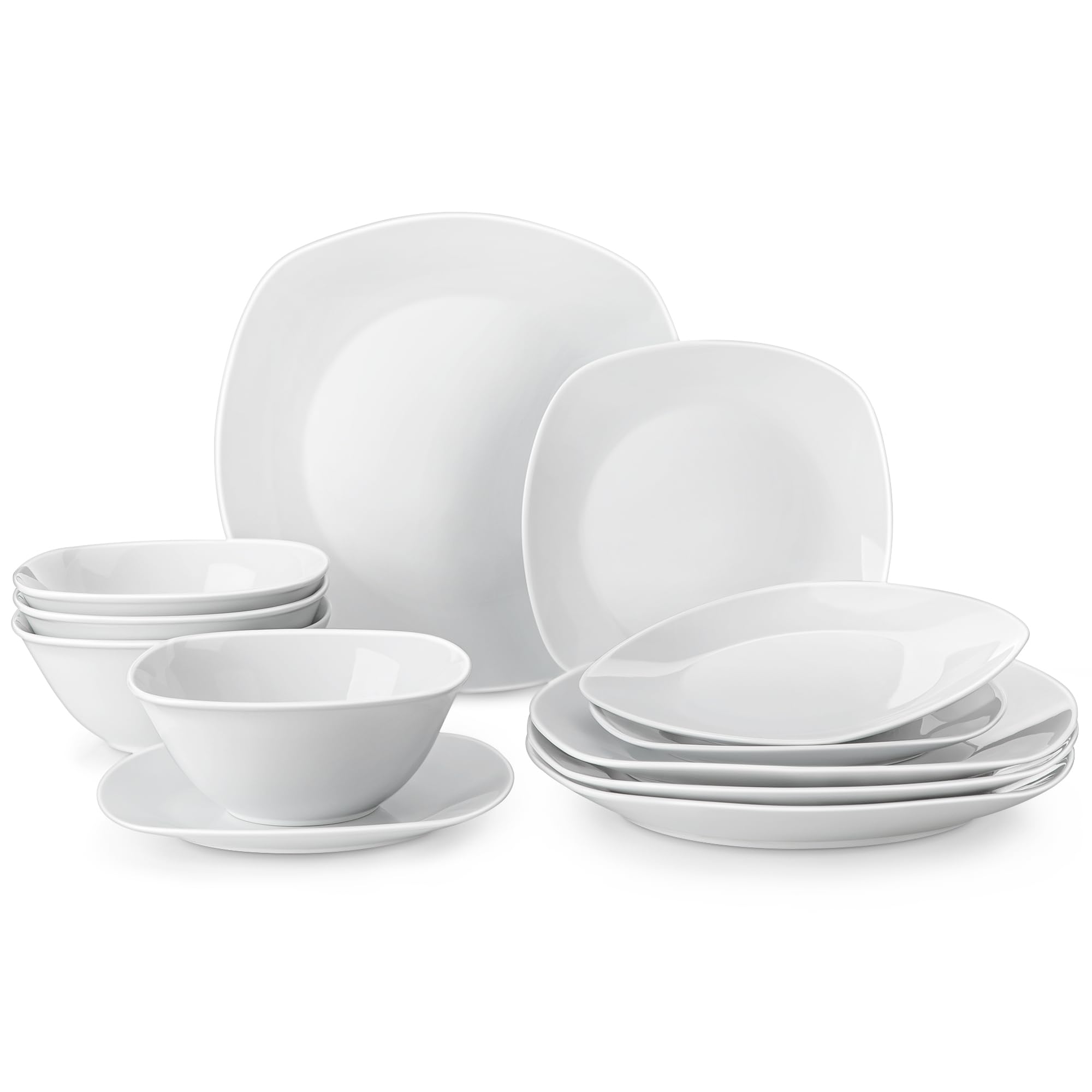 MALACASA Dinner Set for 4, 12 Pieces Porcelain Plates and Bowls Set, Gray White Ceramics Dinnerware Sets, Chip and Scratch Resistant Dishes Set Square Crockey Sets, Series Elisa