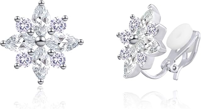 QUKE Woman Flower Shape Cubic Zirconia Crystal Snowflake Clip On Earrings CZ Not Pierced Jewelry