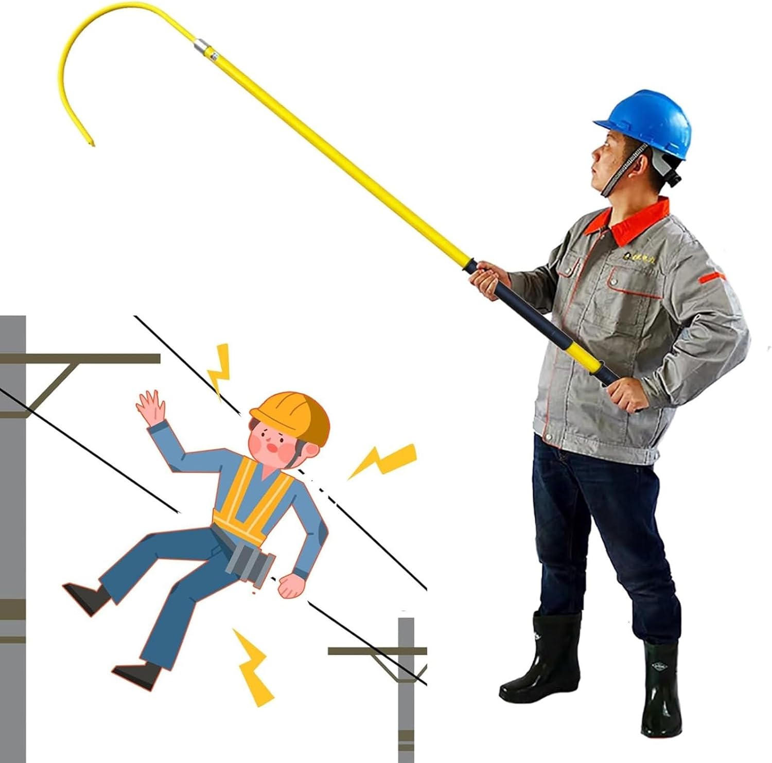 Lightweight Portable High Voltage Electrical Safety Tool Insulated Rescue Hook, 3.2cm Thick Fiberglass Life-Saving Pull Rod for 10kv 35kv 110kv, Electric Vehicles, Electrical Gear(Yellow,4.9ft/1.5m)