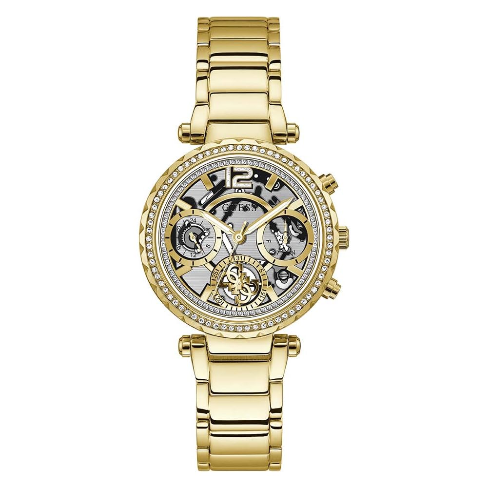 GUESS Solstice Analog Watch for Women with Clear Round Dial & Gold Stainless Steel Bracelet Band Water Resistant Women's Wrist Watches - GW0403L2