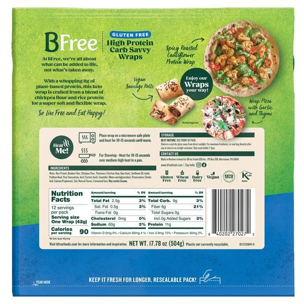 B-Free High Protein Carb Savvy Wraps (12 Count) – 11g Protein – Gluten Free, Vegan, Wheat-Free, Non-GMO
