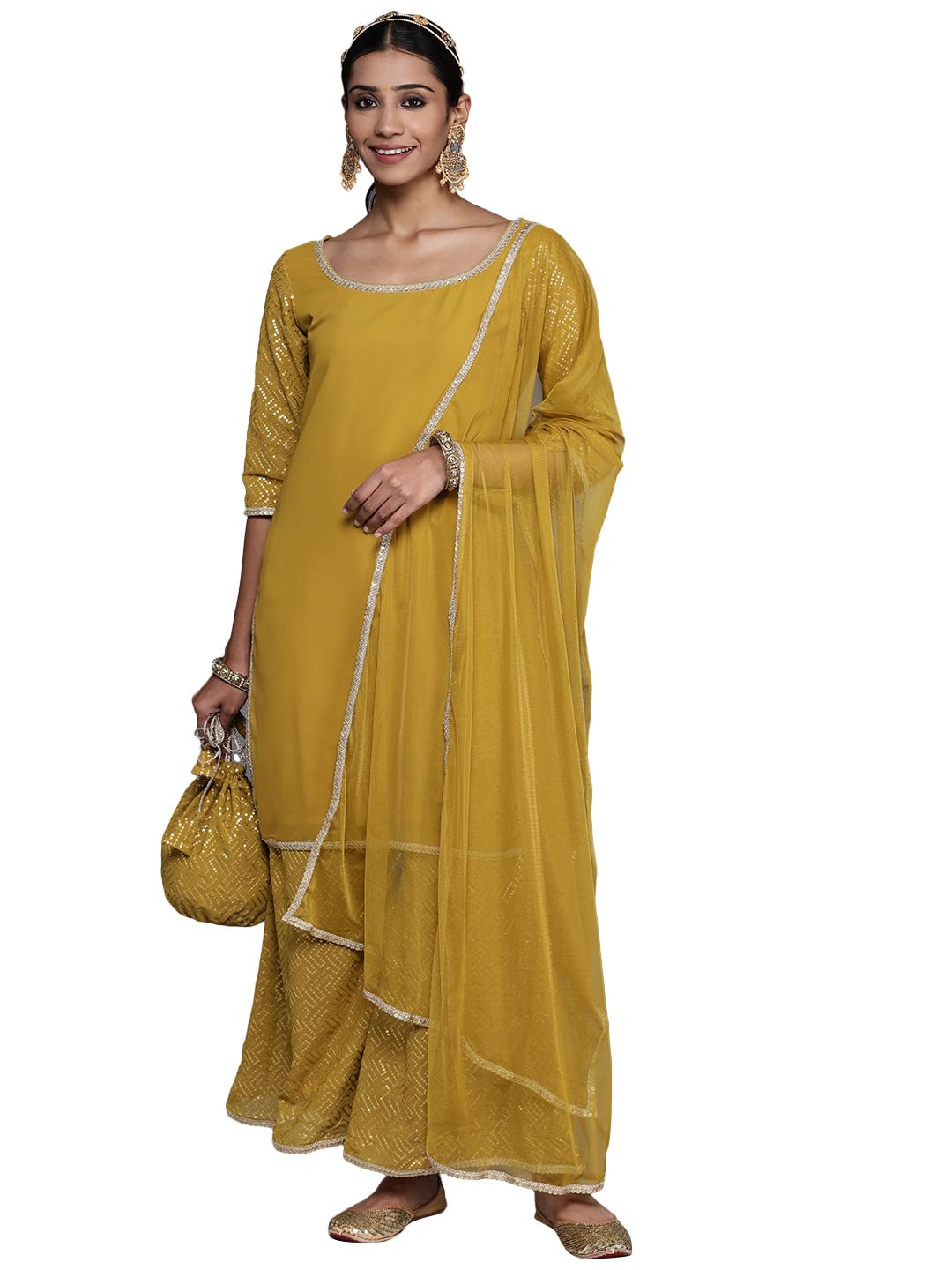 Womens Solid Georgette Straight Kurta With Palazzos and Dupatta-image-36