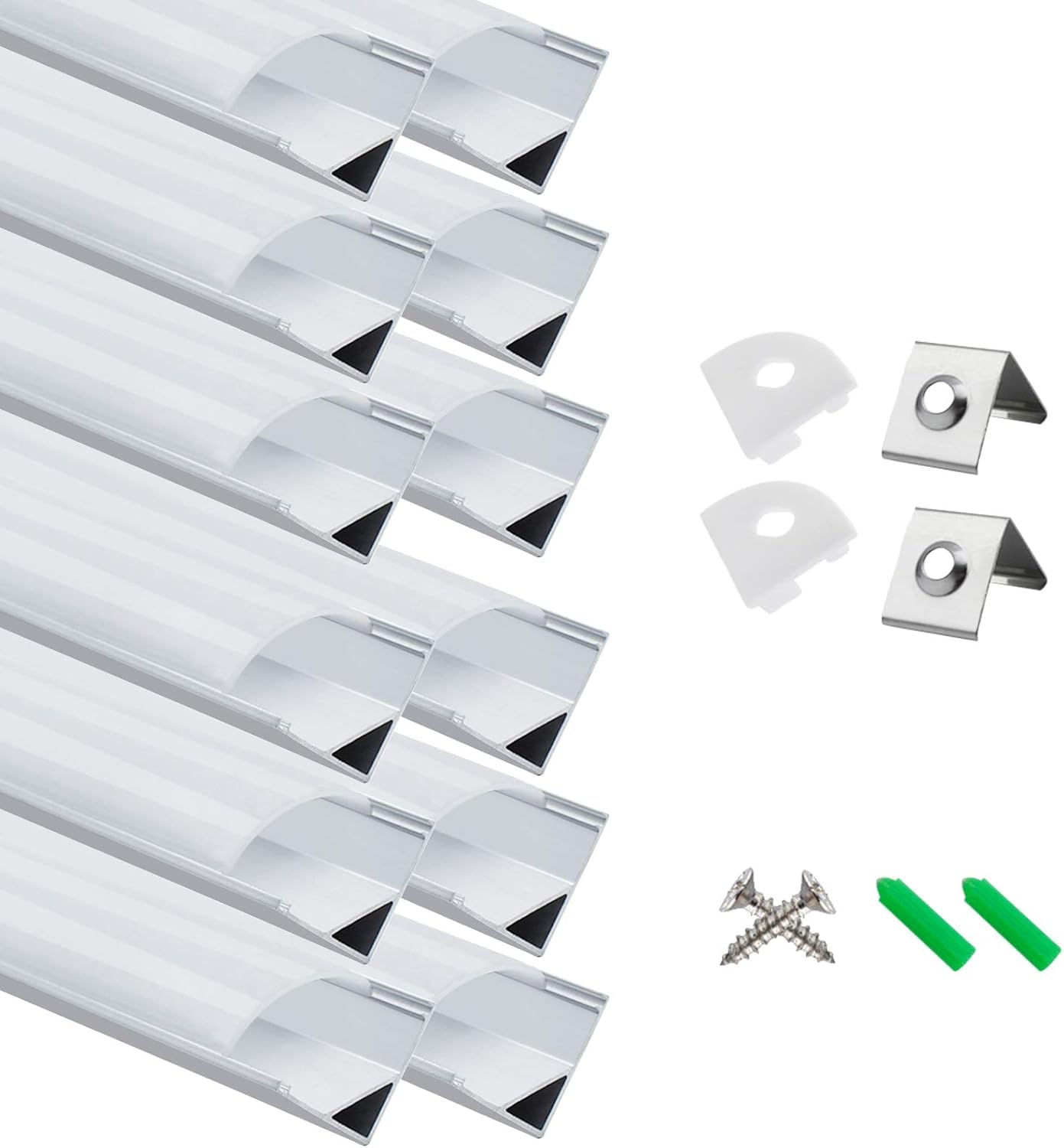 LightingWill Perfil LED 12 × 1 m, forma de V, perfil de aluminio en plata, con cubierta blanca leche, tapas finales y clips de montaje, riel LED para tiras LED