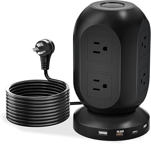 Torre de regleta de alimentación con protector de sobretensiones, torre de alimentación con puertos USB con 8 tomas de corriente y 2 puertos USB, 2