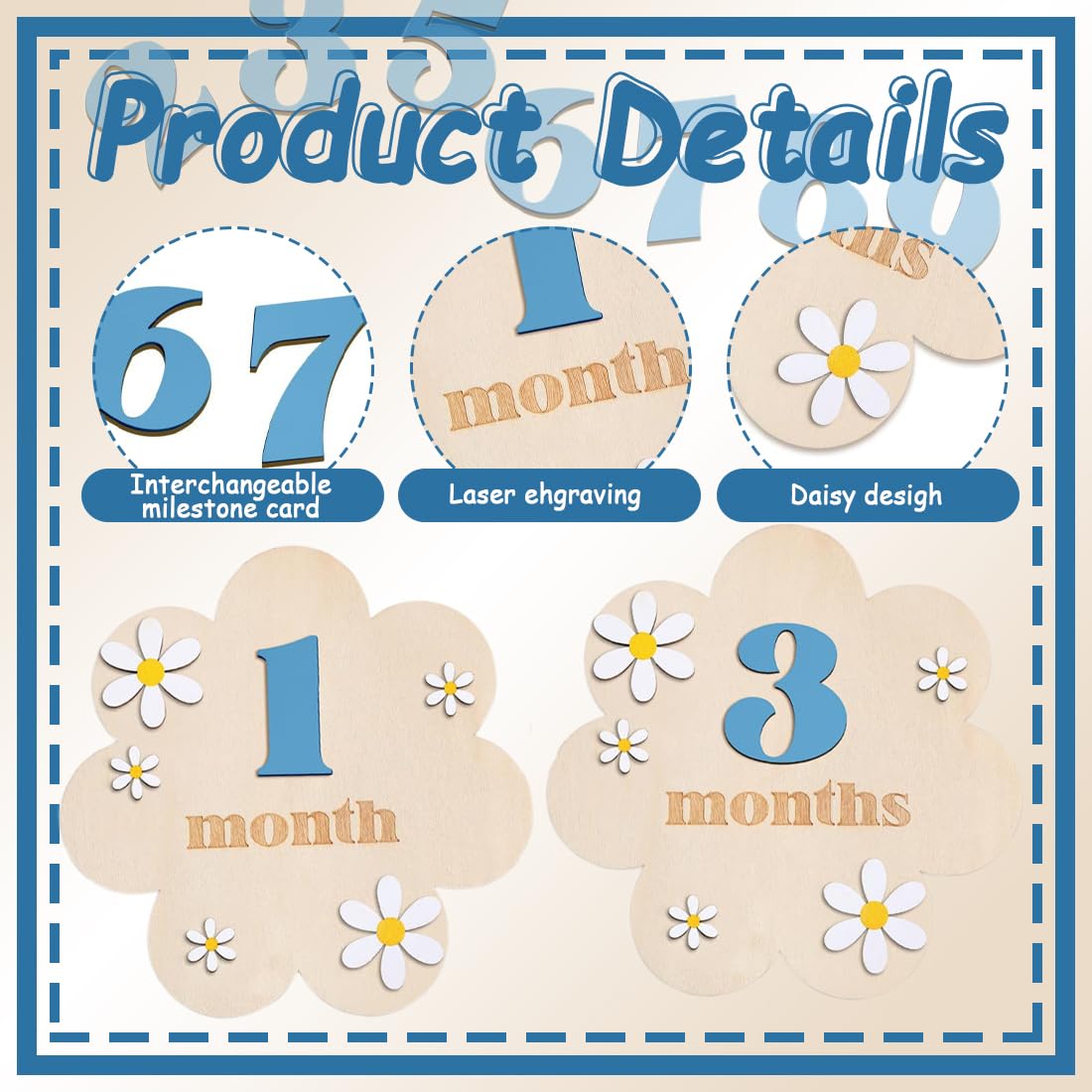 WUYJI Photo Albums, mesi neonato per foto Un set di biglietti con le tappe della crescita del bambino, con foto di bambini da 0 a 12 mesi, in stile floreale (blu) - 4