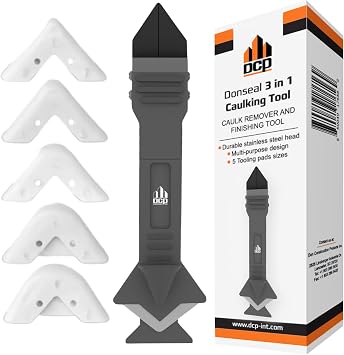 DCP Donseal 3 in 1 Caulking Tool Kit Silicone Caulking Tool for Removal, Scraping & Finishing Precise Caulk Remover & Applicator with 5 Tooling Pads Stainless Steel Caulk Scraper for Smooth Seal