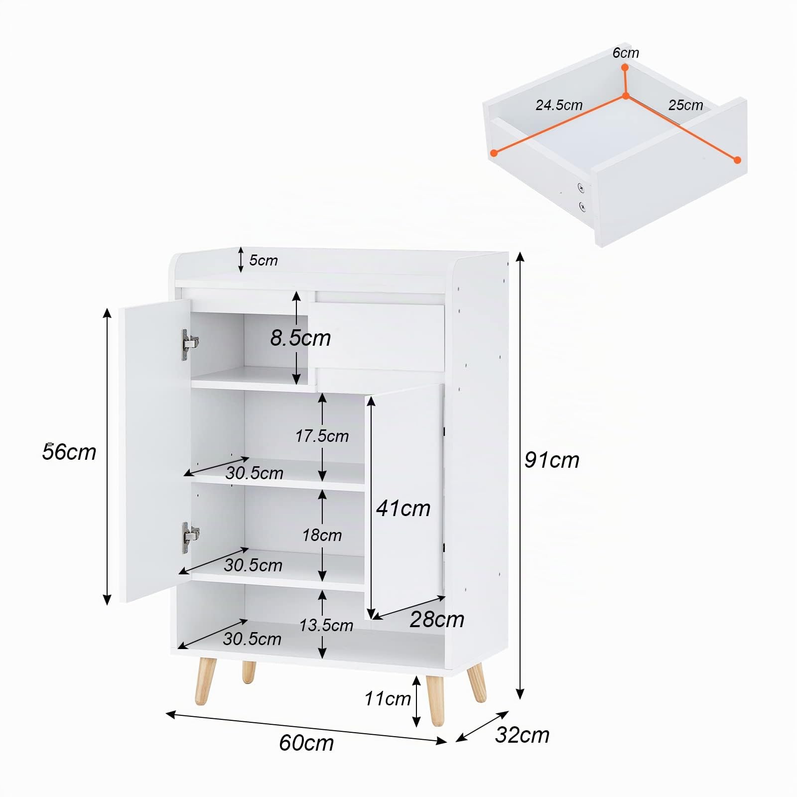 LEMROE Scarpiera in legno con 2 ante, organizer portascarpe a 5 livelli con 1 cassetto e 5 ripiani, scarpiera per corridoio, bianco, larghezza 60 cm