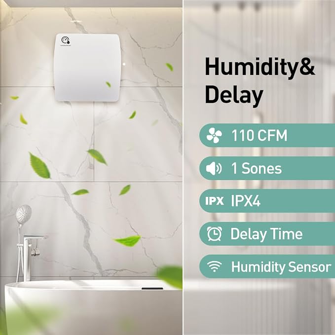 Extracto de baño de 5,9 pulgadas con sensor de humedad y temporizador, ventilador de extracción potente de 110 CFM para montaje en techo o pared miniatura 3