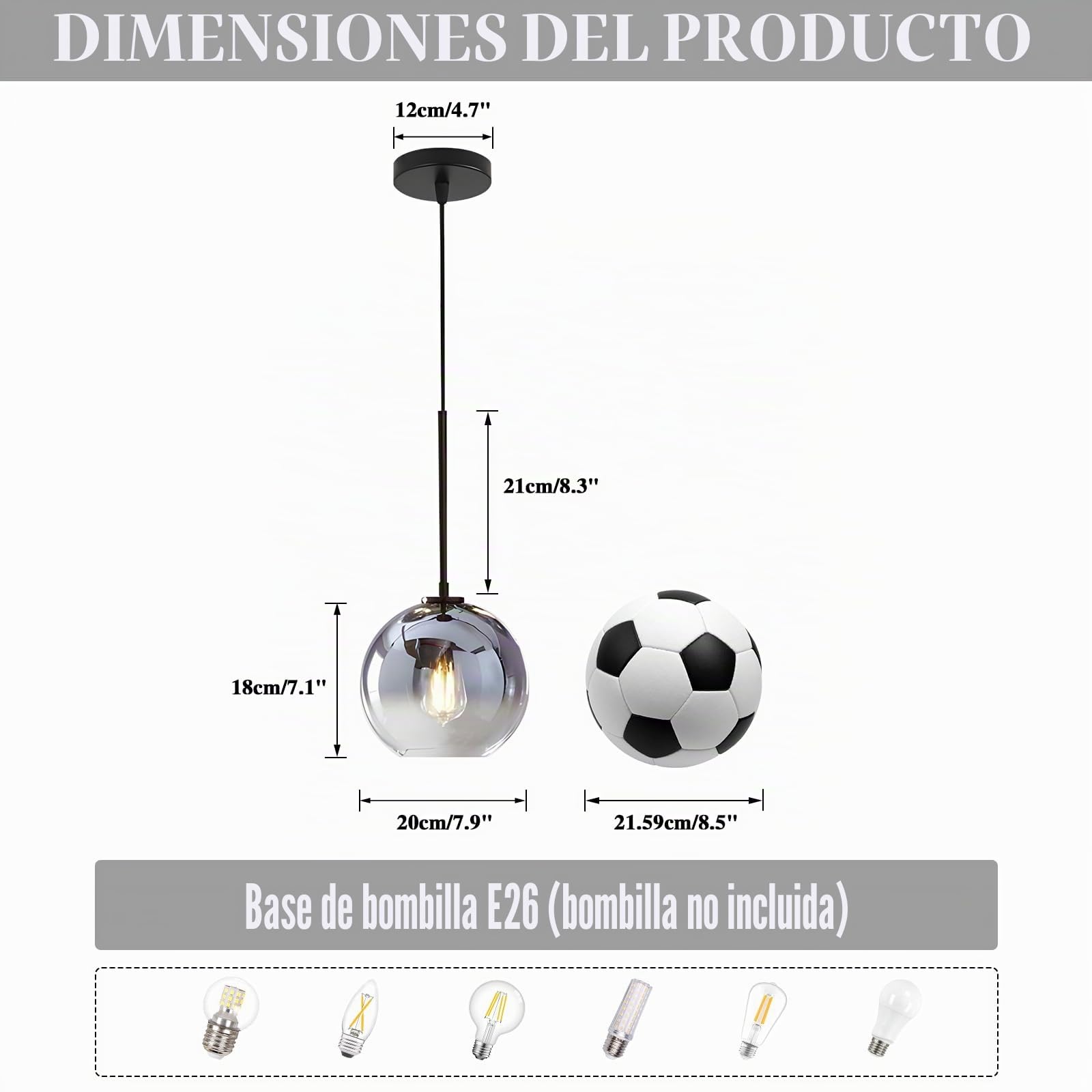 KCO Lámpara colgante de cristal plateado degradado de 20 cm, lámpara de techo colgante moderna con cable ajustable para isla de cocina, dormitorio, sala de estar, pasillo