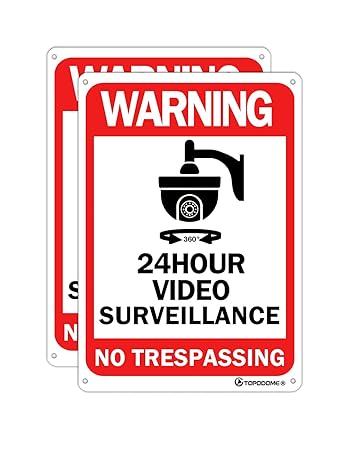 24 Hour Video Surveillance Sign 10x7 inch 2-Pack for PTZ Dome CCTV Security Camera Outdoor, TOPODOME No Trespassing Aluminum Warning Sign for House/ Yard/ Business/ Farm, Reflective, Rust-Free