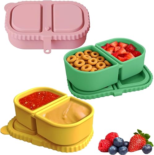 Silicone Reusable Snack Containers with Lids, Double Compartment Snackle Box Containers, Salad Dressing Sauce Seasoning Container, Small Mini Food Snack Boxs for Travel, Office, Picnic