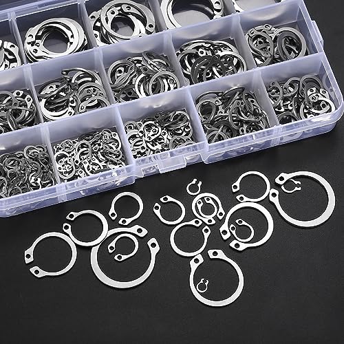 E-Clip Sicherungsringe Set, 400 Stk Sicherungsscheiben E-clip Set, Edelstahl Sicherungsring Sortiment Kit, 18 Größe Interner Externer Sprengringe für Wellen Befestigen von Lagern