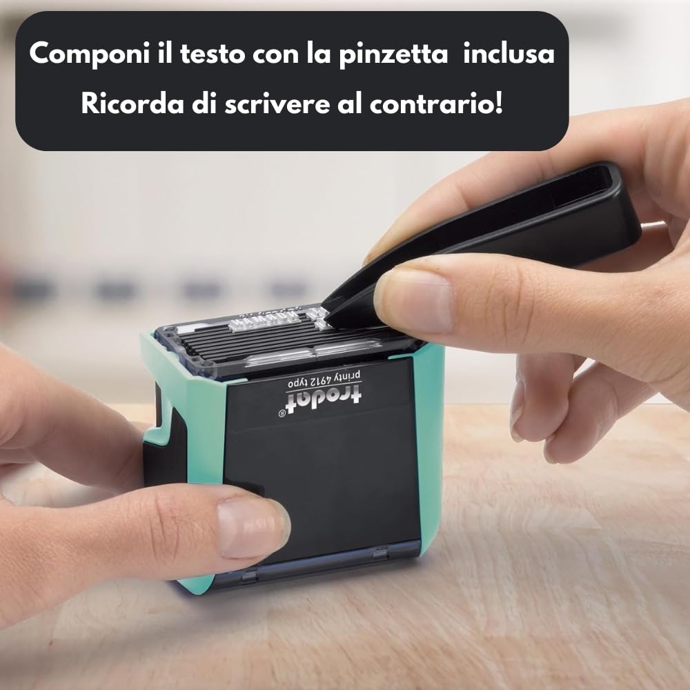 Trodat Timbro Verde Pastello Autoinchiostrante Autocomponibile Fai-Da-Te Printy 4912 Typo, 47x18 mm, Max 4 Righe, Inclusa Cartuccia Inchiostro Nero, con Pinzetta e 2 Set di Caratteri, Icone e Numeri
