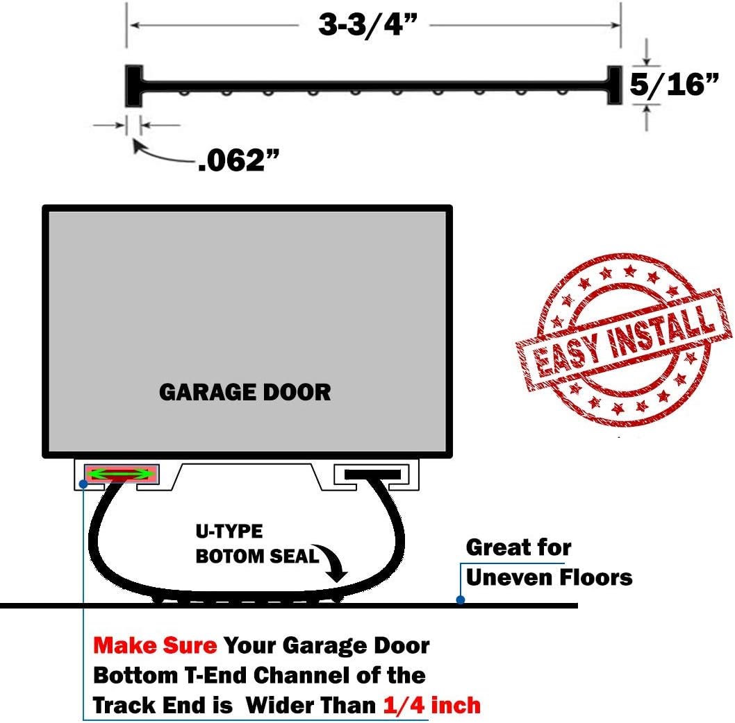 Garage Door Bottom Weather Seal T-Ends 20 feet Long and 3.75-4 Inches Width, Black Strip with T-Ends Size 4/16 to 6/16 Inches, Garage Rubber Seal Replacement