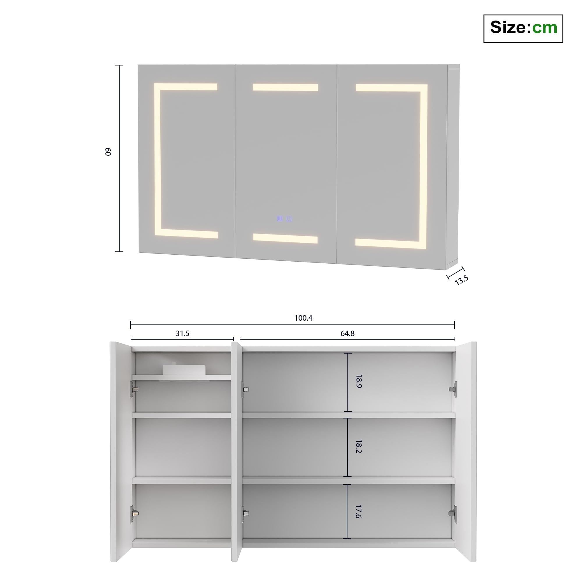 Szafka łazienkowa z lustrem 100 cm z oświetleniem LED, szafka łazienkowa z lustrem z gniazdkiem i regulowanym regałem, szafka łazienkowa z lustrem i funkcją defogowania, regulowana jasność