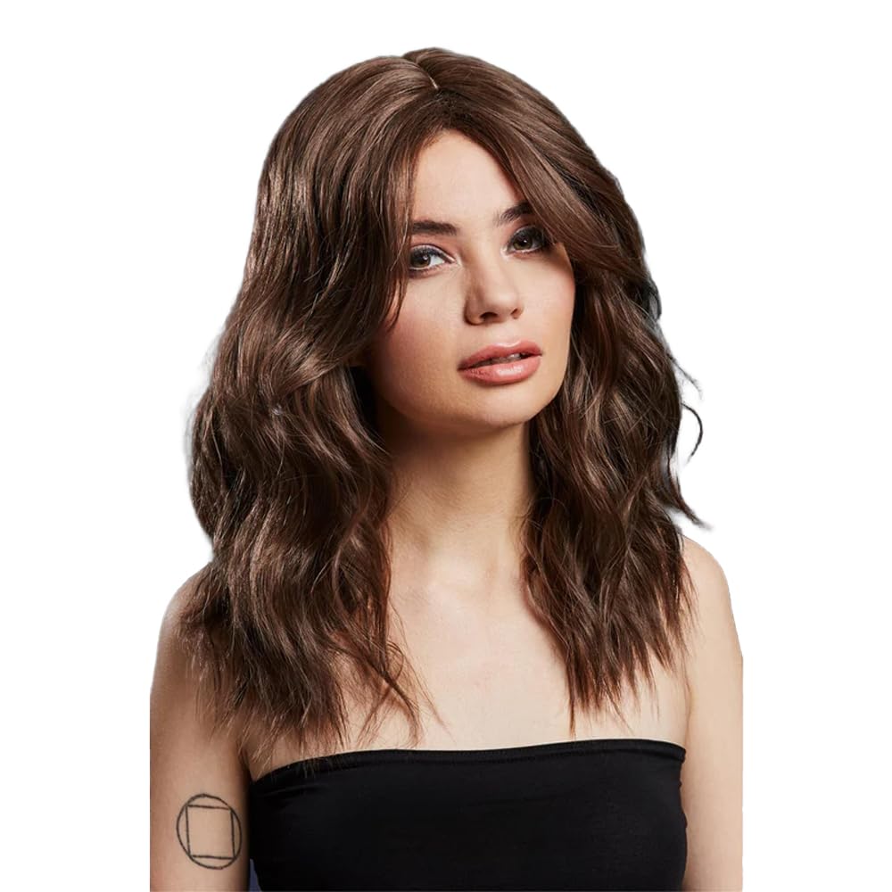 Smiffys Fever Ashley Wig, Two Toned Blend, Brown Wavy Long Layered, Centre Parting, 48cm/ 19in, Fever Wigs Fancy Dress, Fever Dress Up Wigs โ image 1