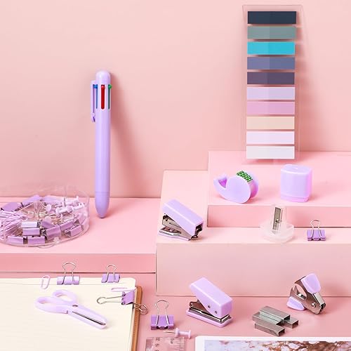 Miniatura 2 de Mini suministros de oficina, suministros escolares morados con notas adhesivas, mini grapadora, dispensador de cinta, perforador, removedor de