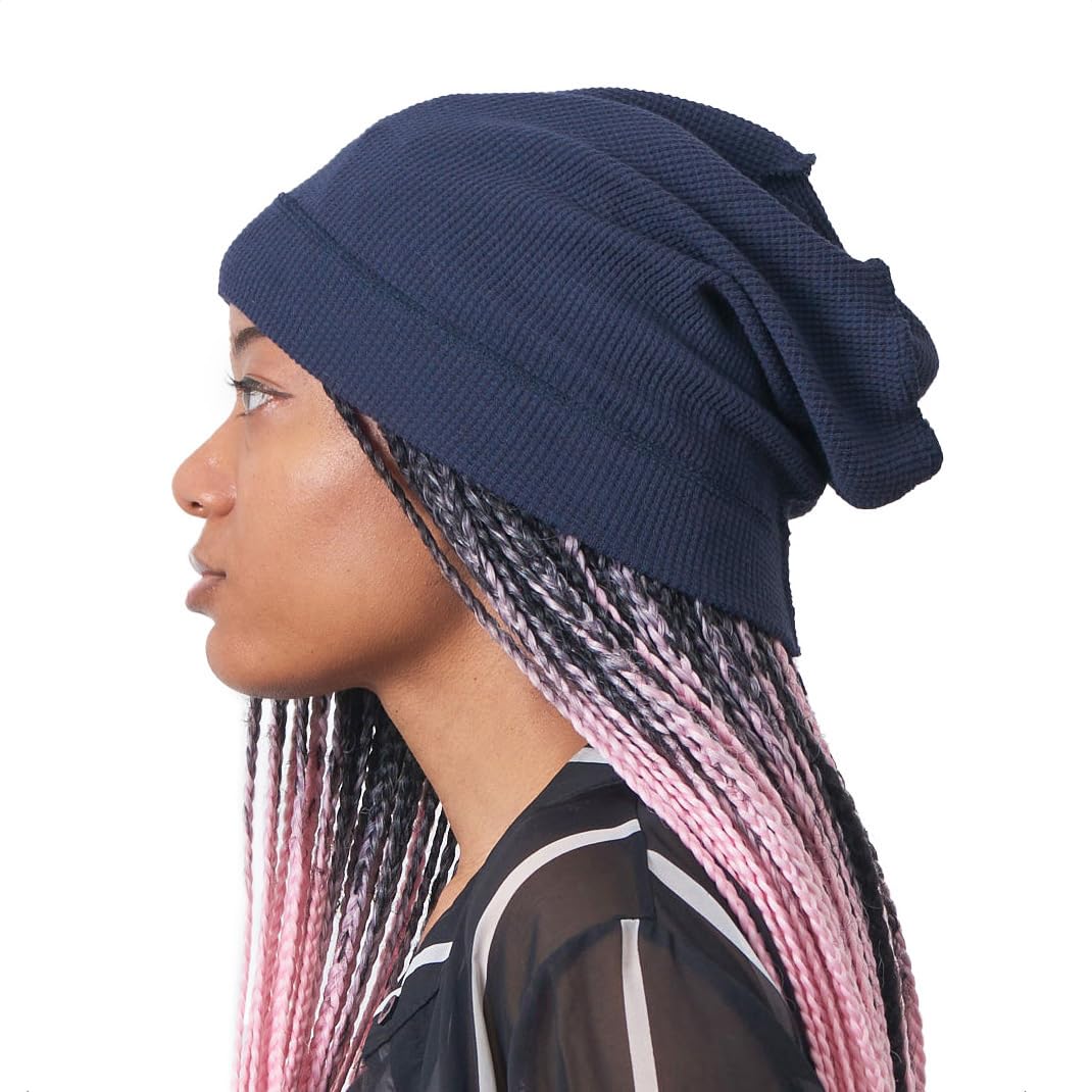 Charm Men's Navy Oversized Beanie Hipster Hat, Wo 100% Cotton Reversed Waffle Chemo Hat, Long Slouchy Cap For All Seasons