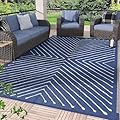 Garvee Striped 5x8 Outdoor Rug Waterproof Reversible Patio Mat, Portable Lightweight Plastic Straw Camping Rug for RV, Balcony, Backyard, Porch, Beach, Picnic, UV Protected & Easy Clean, Navy & White