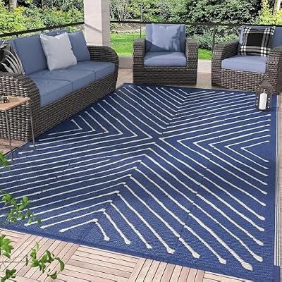 Garvee Striped 5x8 Outdoor Rug Waterproof Reversible Patio Mat, Portable Lightweight Plastic Straw Camping Rug for RV, Balcony, Backyard, Porch, Beach, Picnic, UV Protected & Easy Clean, Navy & White