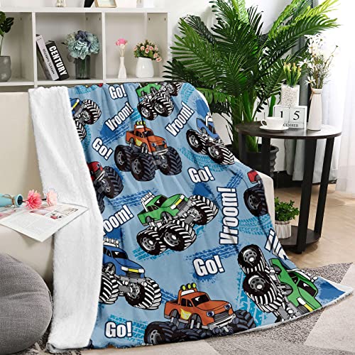 Monster Truck Blanket For Toddler Boys Car Throw Blankets Blue Soft Flannel Fleece Blanket For Kids Baby New Born Lightweight Fuzzy Blanket For Nursery Bed Birthday Gifts, 32''X48'' #TOP1