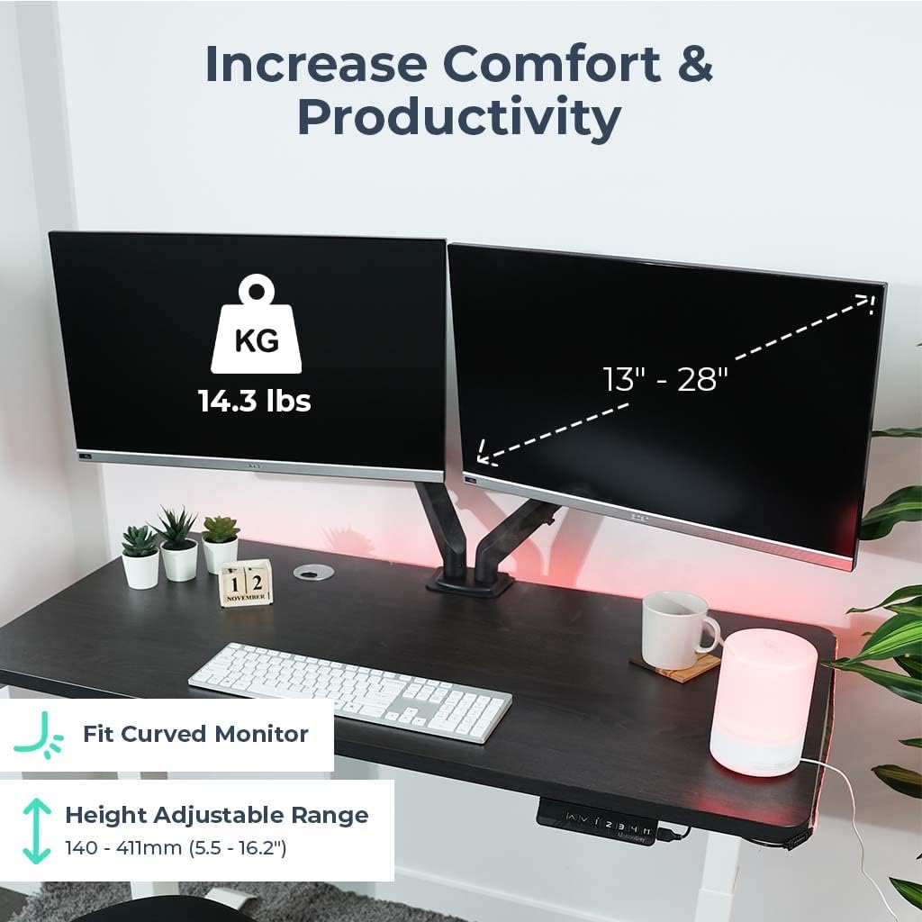 MotionGrey - Gas Spring Dual Monitor Stand , Height Adjustable Black Dual Monitor Mount , VESA Compatible Computer Monitor Arm - Holds Up to 17.6lbs and Supports Monitor’s up to 28Inch (Black)