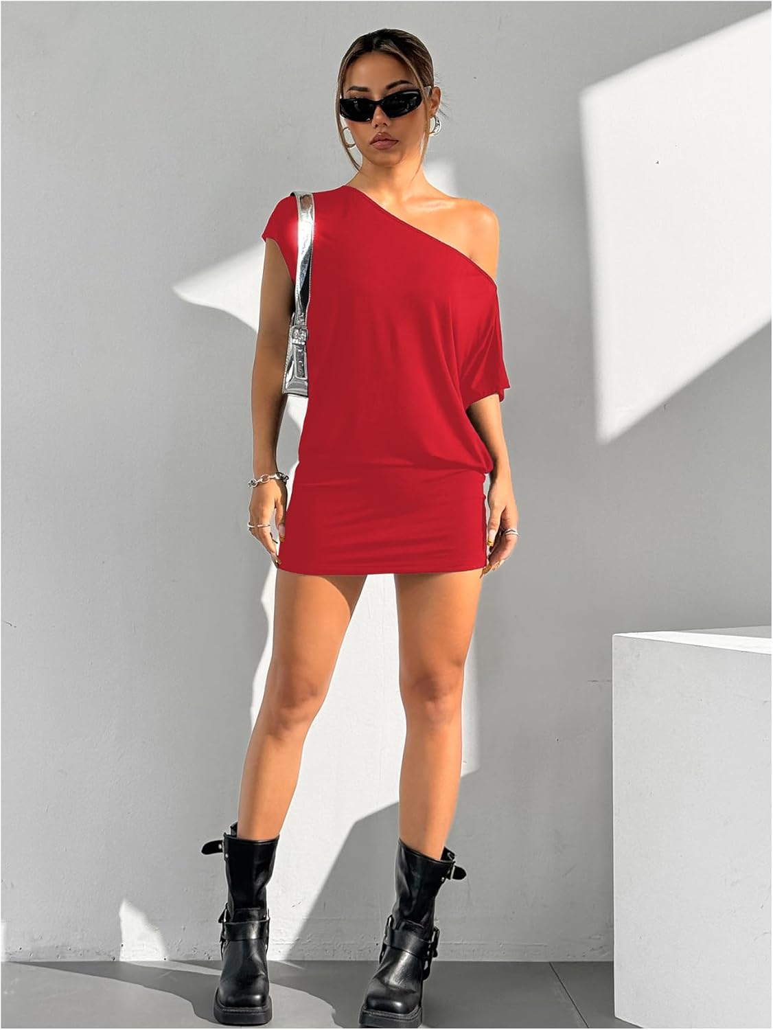SOLY HUX Women's Off The Shoulder Mini Dress Going Out Asymmetrical Neck Short Sleeve Casual Bodycon T Shirt Dresses - Image 4