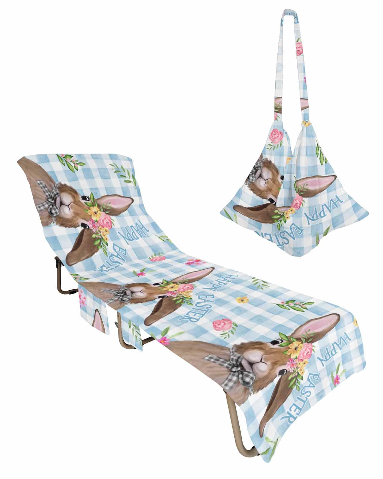 Blue Easter Plaid Beach Chair Towel Covers for Chaise Lounge with Side Pocket, Soft Plush Pool Towels Cover for Patio Sunbathing Outdoor 29''x85'' Easter Rabbits Spring Bunny Flowers