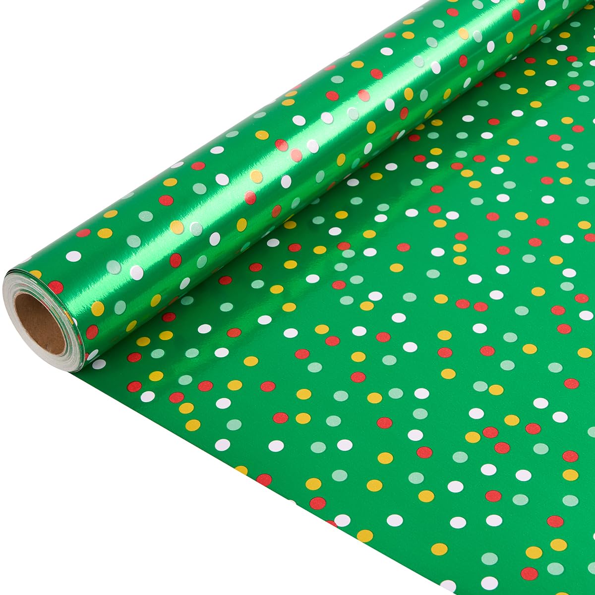 Gift Wrapping Paper Roll for Christmas, 10M x 43cm Green Wrapping Paper Print with Multicolor Dots for Christmas Birthday Gift Decoration