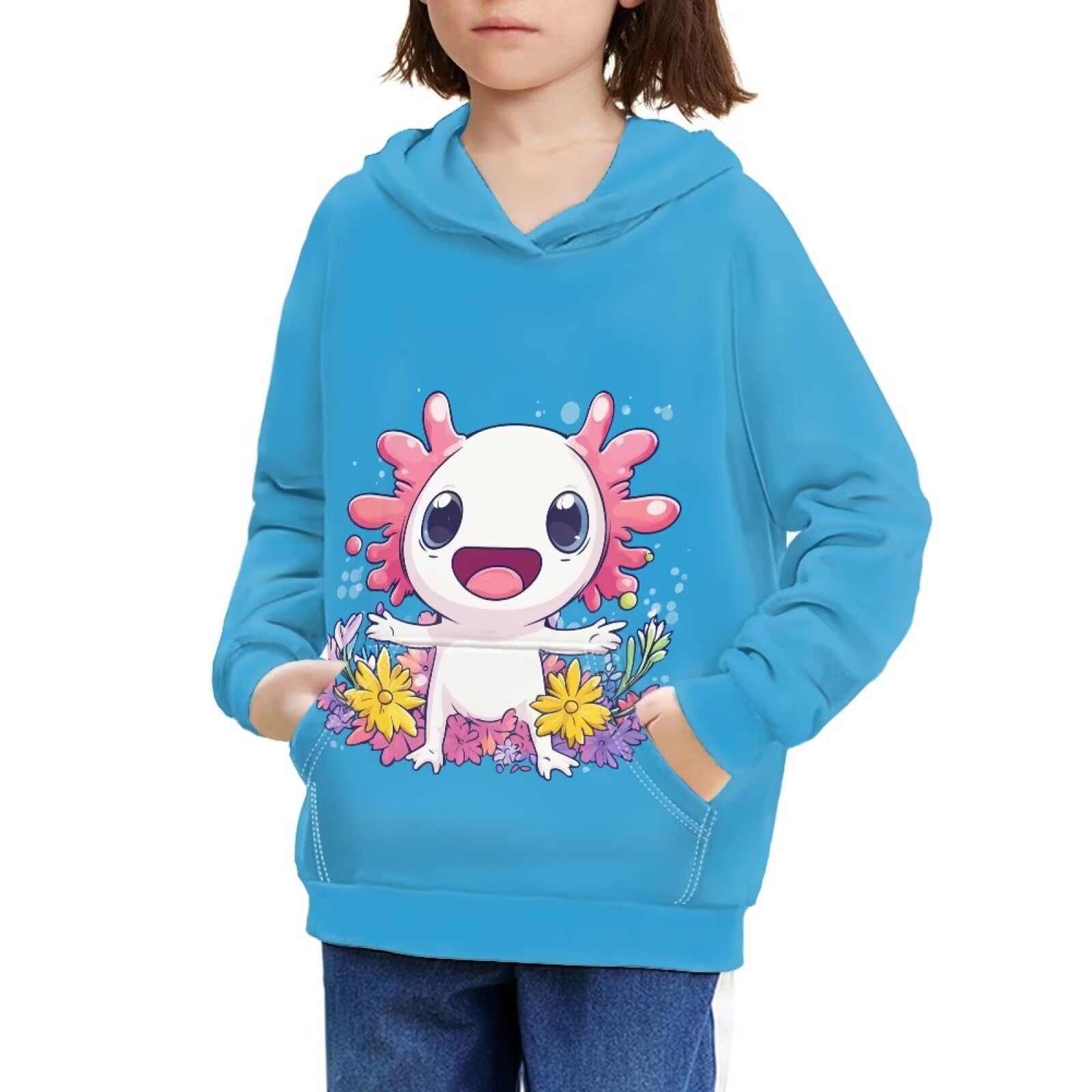 Yruonazao Blue Axolotl Hoodie for Teen Girls Sweatshirts for Girls Winter Clothes for Girls 13-16 Loose Casual Long Sleeve Crewneck Shirt with Pockets Winter Fall Spring Vacation School Running