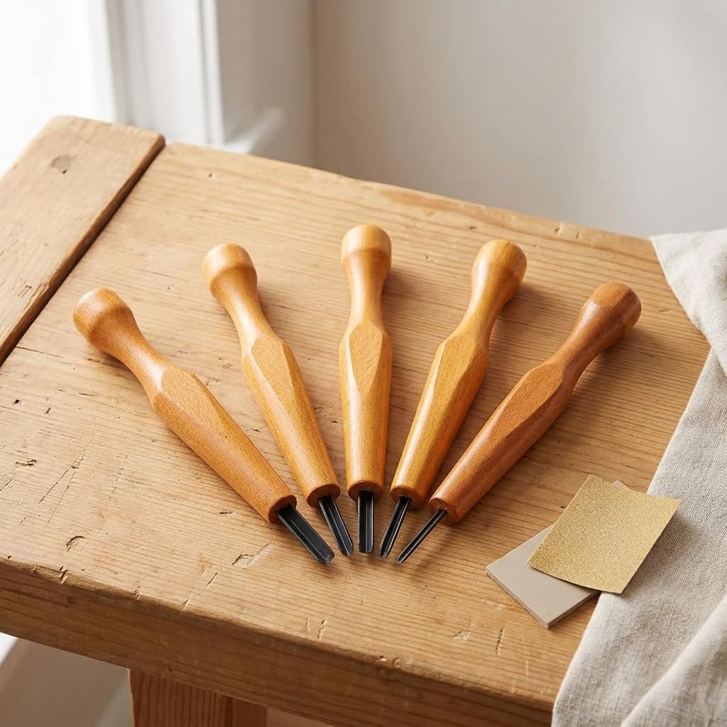 SILENRADAWN Linoleum Cutters 5 Pcs Beech Wood Handle Set for Printmaking