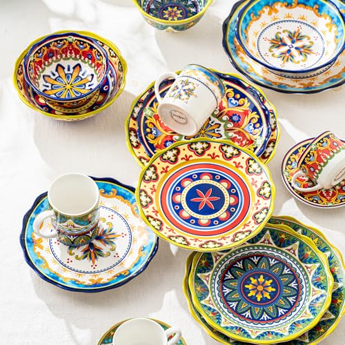 UNICASA Ceramic Dessert Plate Set of 4, 9 Inch Snack Plates with Scalloped Edges β Serving Dishes for Salad, Cake, Cheese, Vibrant Boho Decoration, Microwave & Dishwasher Safe