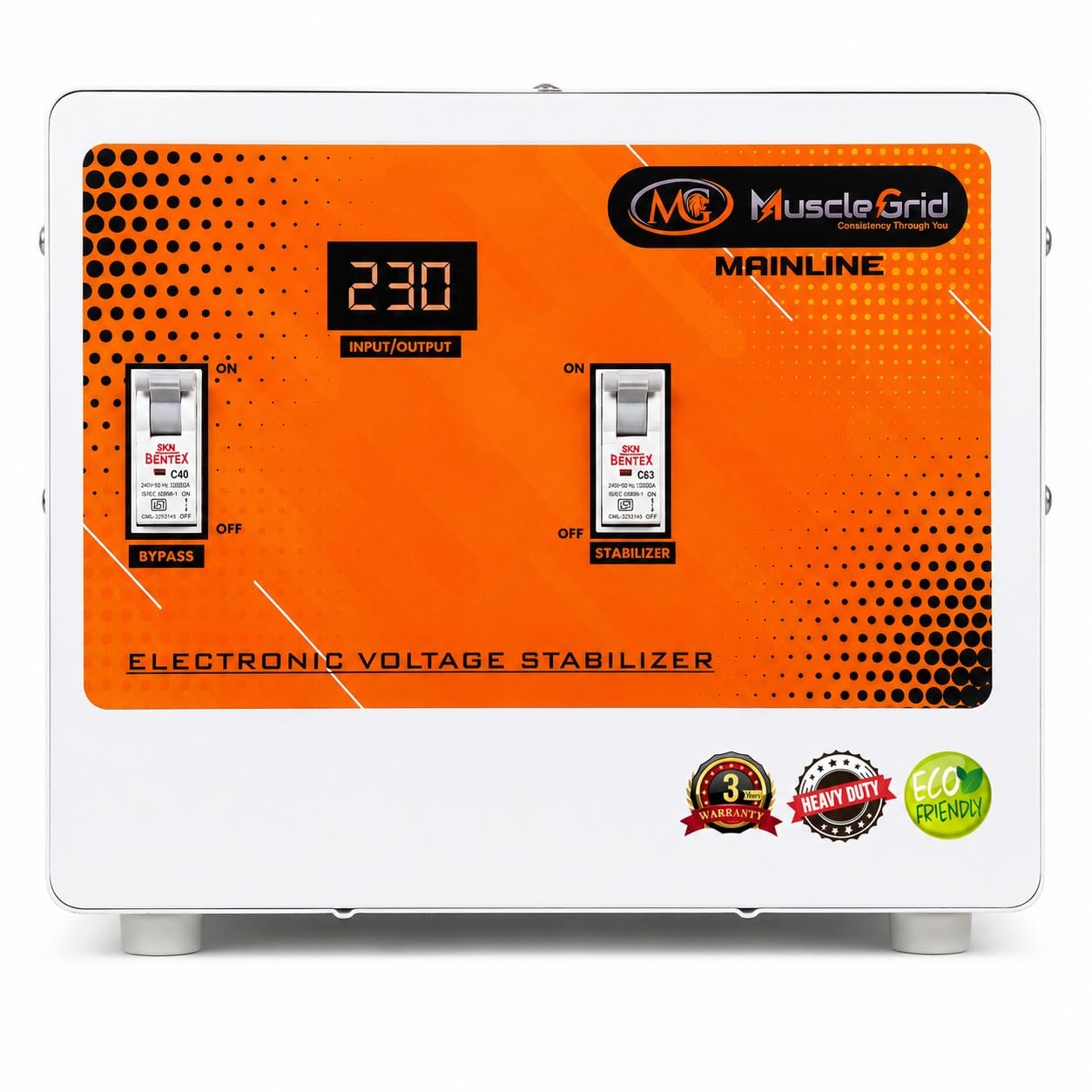 MuscleGrid 8KVA Mainline Voltage Stabilizer for Home (90V-300V Wide Range) | 6400W Output | Runs 1.5 Ton AC, Fridge & Full House | Toroidal Heavy Duty | Stable 230V, White