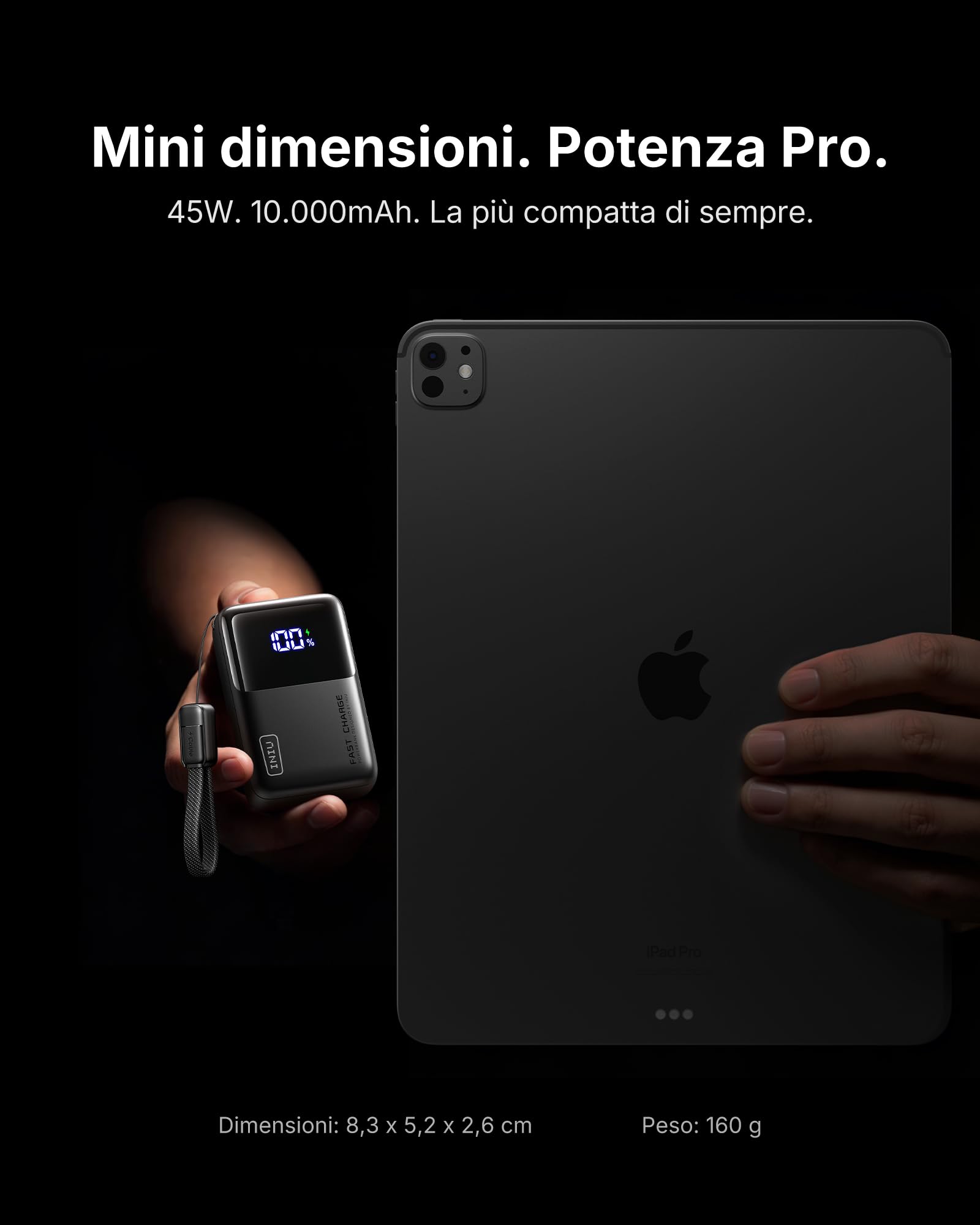 INIU Power Bank, Ultra Mini 45W Ricarica Rapida 10000mAh Powerbank con Cavo USB C Staccabile, Idoneo per Volo, Essenziali da Viaggio, Caricatore Portatile per iPhone 17 16, Samsung, Xiaomi, iPad ecc.
