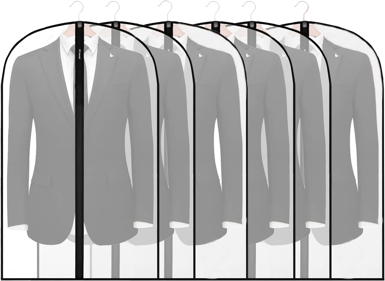 6Pack Breathable Clothes Covers with Zip, 60 x 100 Hanging Garment Covers Bags, Moth-Proof Storage Bag for Men Suit, Dress Bag Covers, Dust Cover for Wardrobe Storage and Travel, Clear