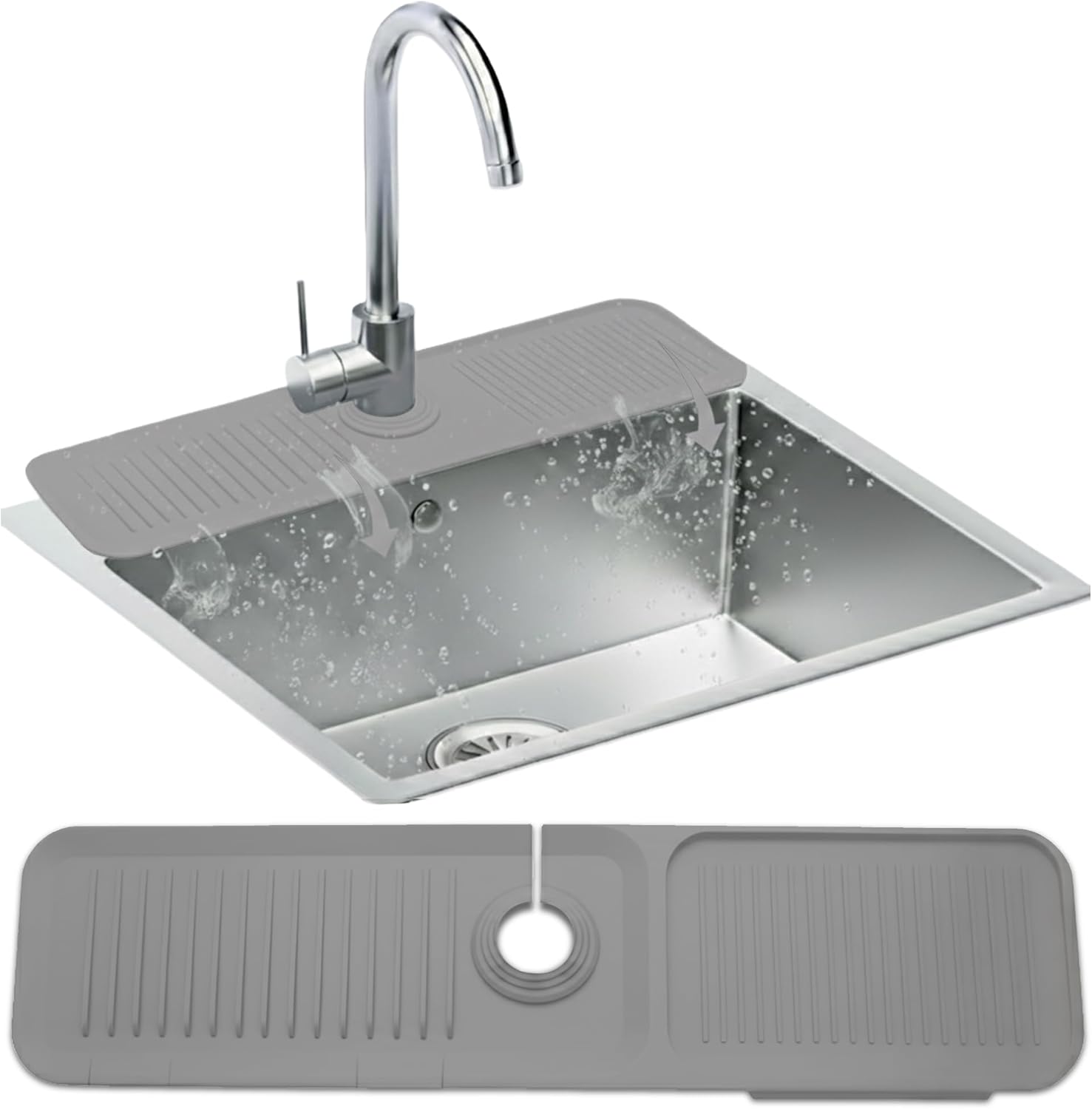 Silicone Faucet Mat for Kitchen Sink 17.7 Inch | 5° Slope Fast Self-Draining Sink Splash Guard | Multipurpose Faucet Mat Foldable Durable No Smell | Cut-to-Fit Opening Up to 2.6in|Nordic Grey