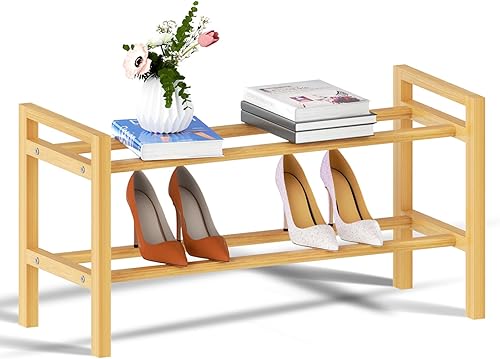 Miniatura 1 de Haddockway Zapatero de bambú para armario, organizador de zapatos independiente con varillas redondas suaves y asas prácticas, estante apilable de