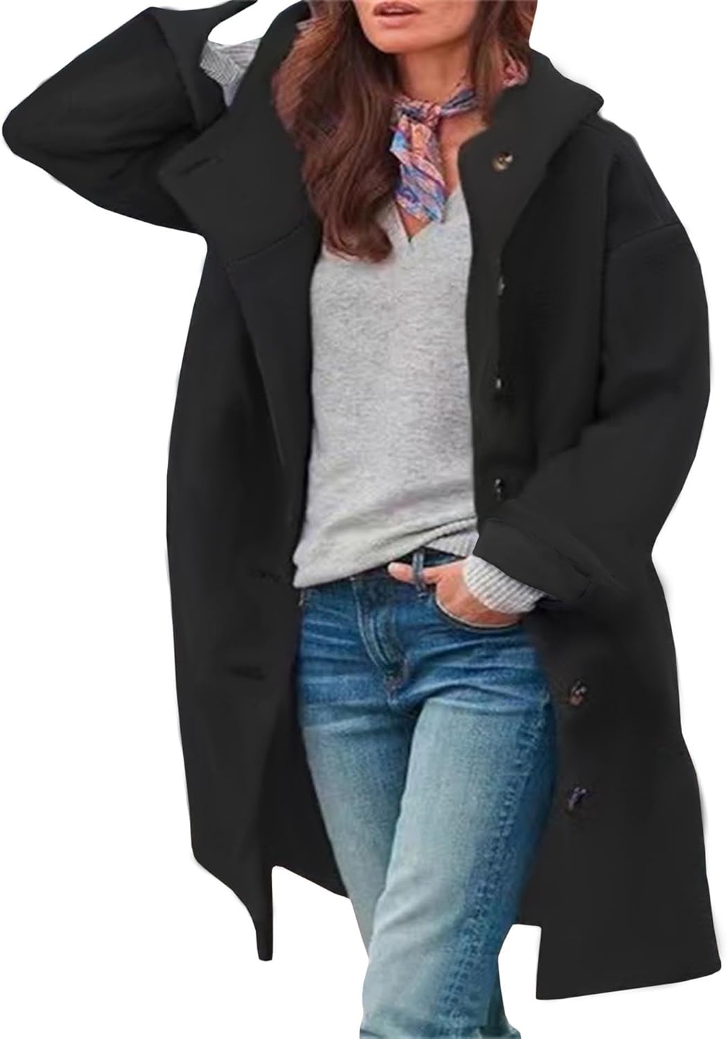 Sexyshine Women's Winter Wool Blend Mid-Long Coat Casual Hooded Single Breasted Pea Coat Hoodies Trench Coat Jacket