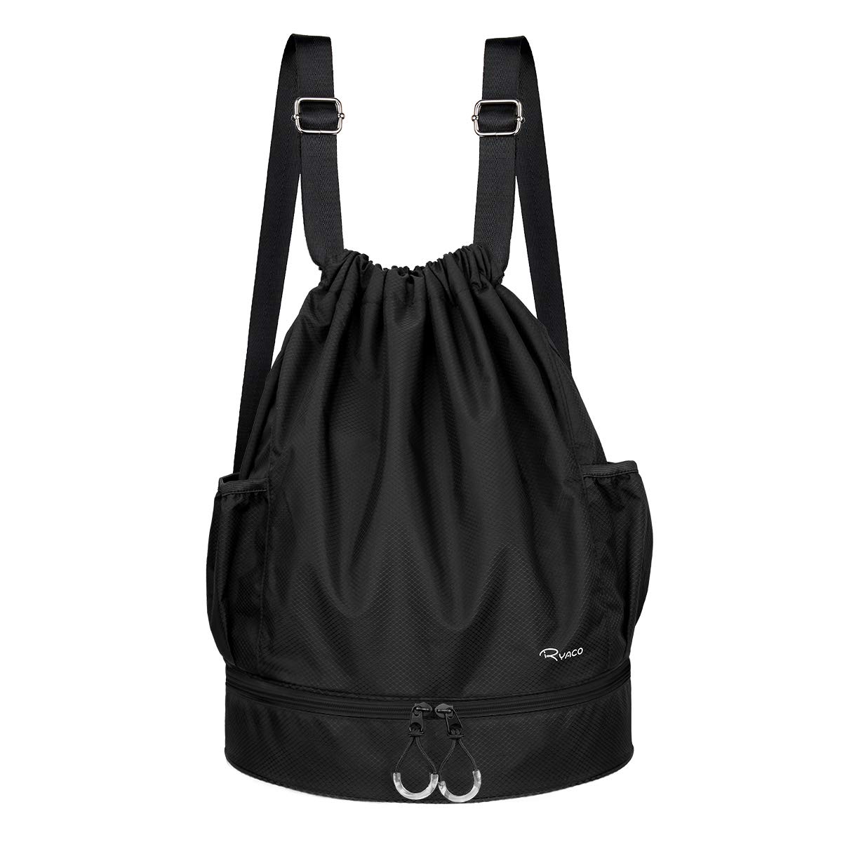 RyacoDrawstring Sports Bag Backpack Large Size Water Resistant Bag with Zipper Pockets and Water Bottle for Gym, Yoga School and Swimming Beach