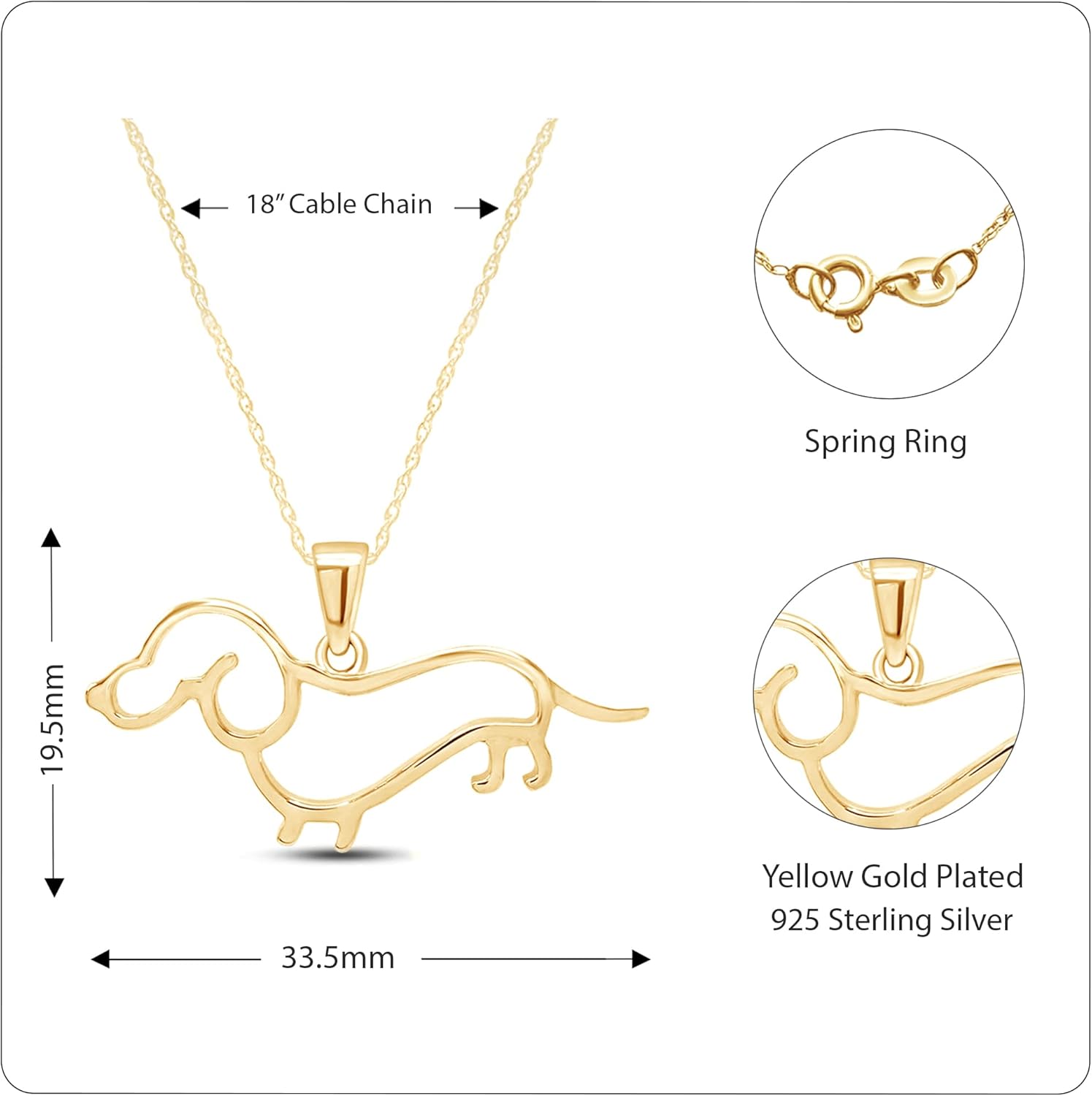 Dachshund Dog Charm Pendant Necklace for Women in 14k Gold Plated 925 Sterling Silver with 18 Inch Rope Chain Jewelry Gift for Her Pet Lovers