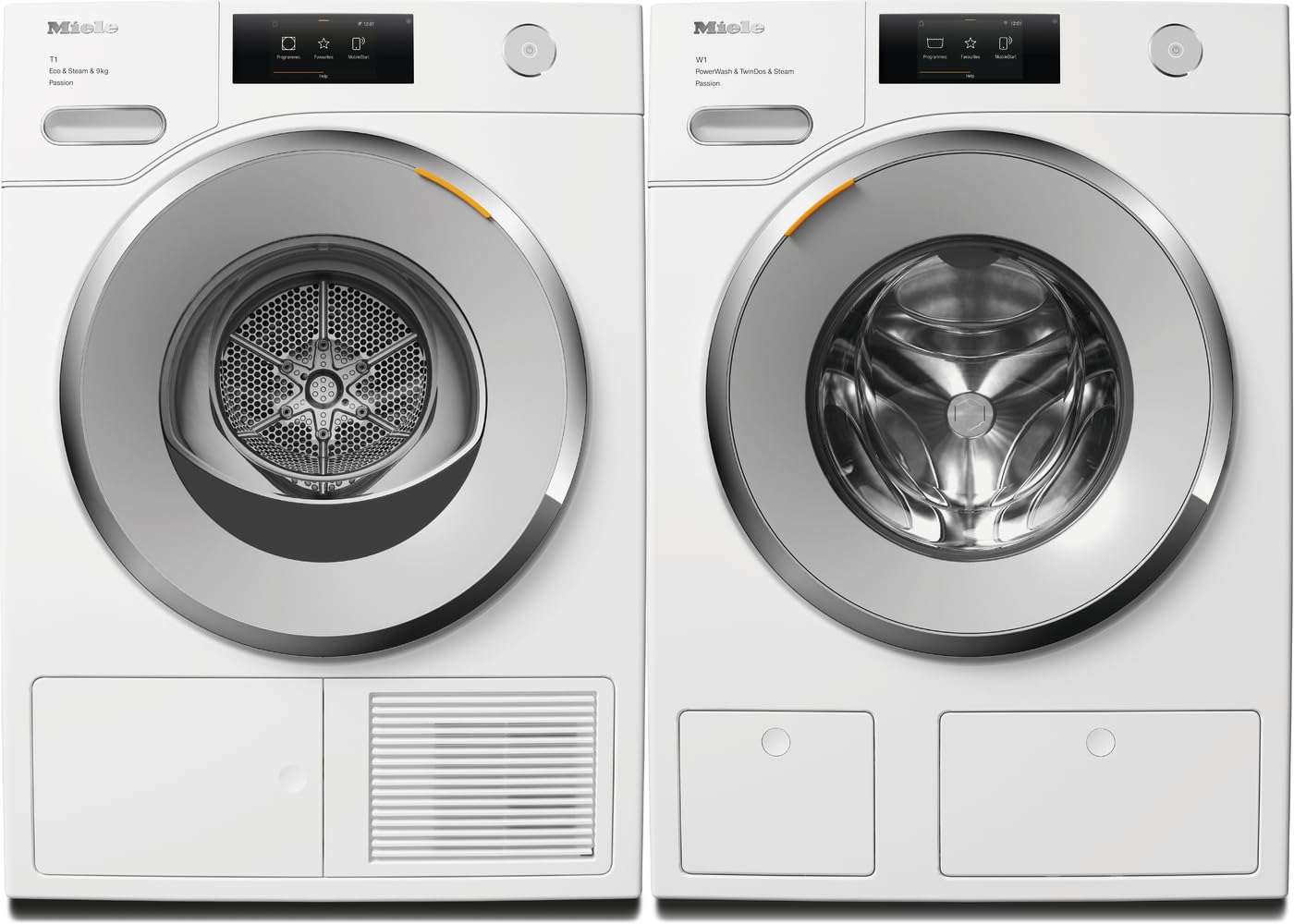 MieleExtra quiet washing machine WWV 980 WPS, 9 kg, 1600 rpm, automatic detergent dosing system, made in Germany and Miele TWV 780 WP Passion T1 heat-pump dryer