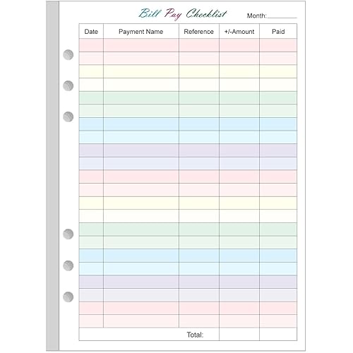 Payment Checklist Refills - 50 Sheets/100 Pages Colorful Monthly Budget Forms for A5 Binder, 6 Hole Punched, 100 gsm White Paper, 5.8" x 8.3"