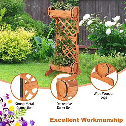 Safstar Raised Garden Bed With Trellis, Outdoor Wood Garden Planter W/ 2-Tier Round Planter Box & Trellis For Vine Climbing Plants Growing, Vertical Plant Container For Garden Patio Balcony, Orange #TOP1