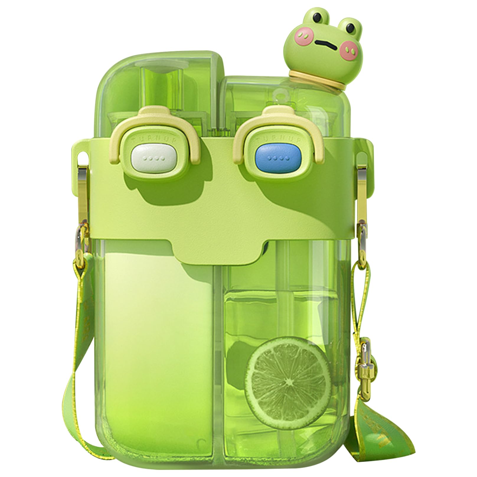 Pastoralist Cute Water Bottle, 780ml Kawaii Dual Chamer Water Bottle with Straw & Adjustable Strap, Double Drinking Water Bottles, Leakproof Sports Water Bottle for Girls Outdoor School (Frog)