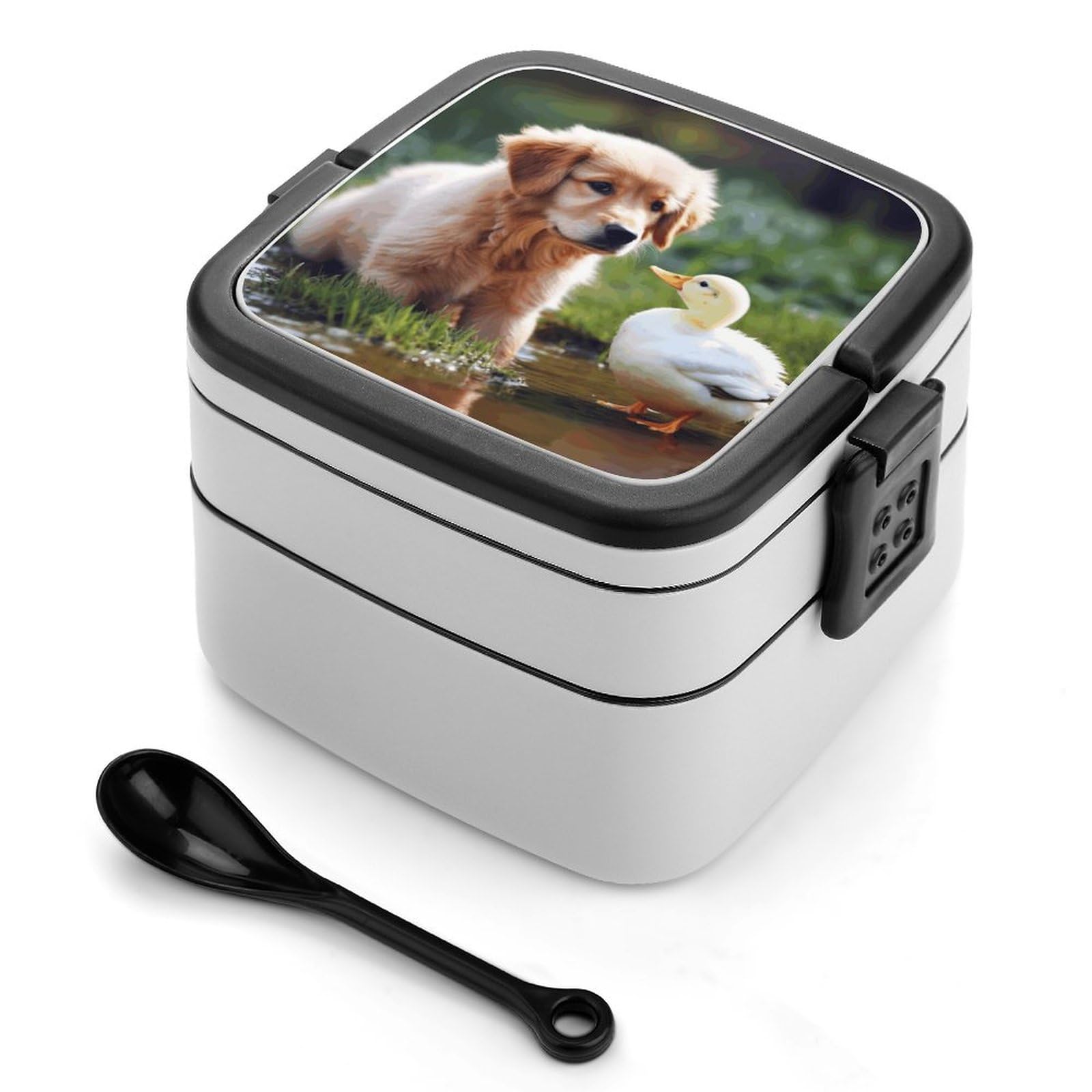 JTREHY Reusable Leakproof Bento Box,Dog And A Duck Printed 2 Layer Stackable Lunch Box with Spoon Portable Large Lunch Box for Dining Out, Work, Picnic, Travel