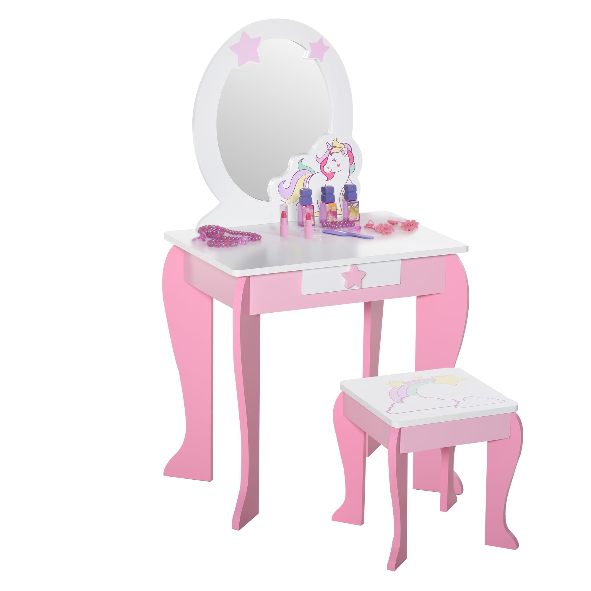 HOMCOM Girls Dressing Table with Mirror, Stool, Kids Dressing Table, Unicorn-Designed Play Toy for Toddles Girls Age 3-6 Years, Acrylic Mirror, Pink and White